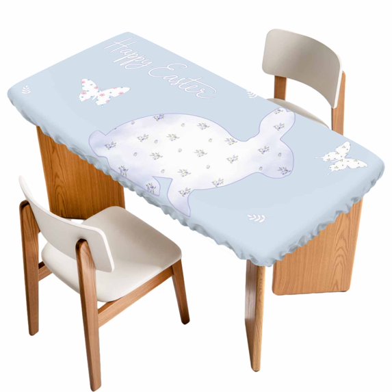 Easter Bunny Table Cloths for 4 Foot Rectangle Tables, Watercolor Butterfly Cute Rabbit Flowers Blue Patio Waterproof Elastic Fitted Tablecloths, Washable Rectangular Table Cover for Camping