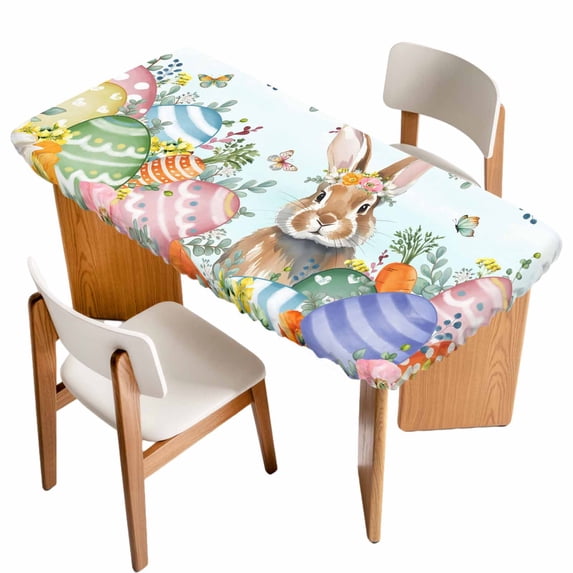 Easter Bunny Table Cloths for 5 Foot Rectangle Tables, Colorful Easter Eggs Eucalyptus Teal Ombre Patio Waterproof Elastic Fitted Tablecloths, Washable Rectangular Table Cover for Camping