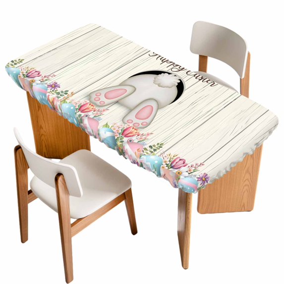 Easter Bunny Table Cloths for 5 Foot Rectangle Tables, Colorful Eggs Cute Rabbit Grey Country Wooden Patio Waterproof Elastic Fitted Tablecloths, Washable Rectangular Table Cover for Camping