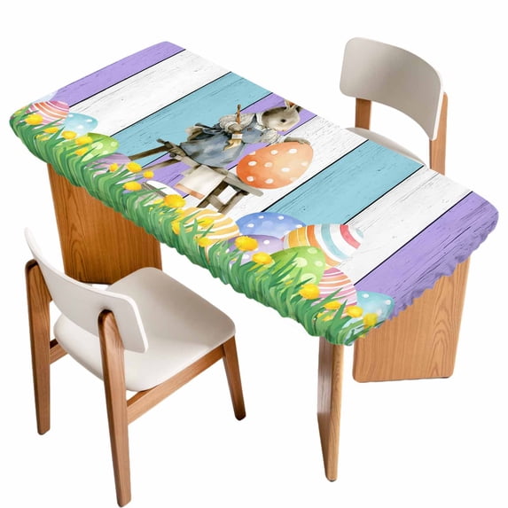 Easter Bunny Table Cloths for 5 Foot Rectangle Tables, Colorful Eggs Spring Grass Purple Blue Wooden Patio Waterproof Elastic Fitted Tablecloths, Washable Rectangular Table Cover for Camping
