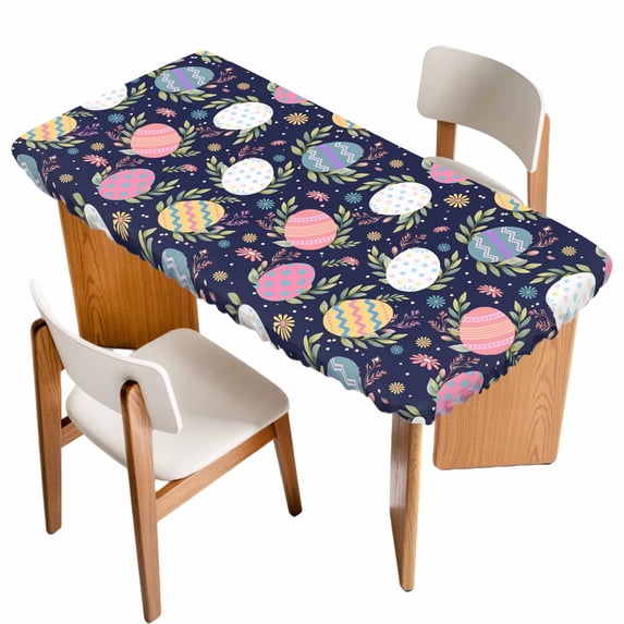 Easter Bunny Table Cloths for 5 Foot Rectangle Tables, Colorful Eggs Spring Leaves Daisy Navy Blue Patio Waterproof Elastic Fitted Tablecloths, Washable Rectangular Table Cover for Camping
