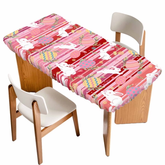 Easter Bunny Table Cloths for 5 Foot Rectangle Tables, Colorful Eggs Spring Leaves Farm Pink Stripes Patio Waterproof Elastic Fitted Tablecloths, Washable Rectangular Table Cover for Camping