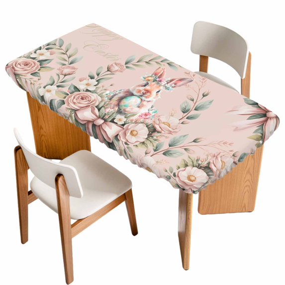 Easter Bunny Table Cloths for 5 Foot Rectangle Tables, Cute Pink Rabbit Rose Flowers Pastoral Botanical Patio Waterproof Elastic Fitted Tablecloths, Washable Rectangular Table Cover for Camping