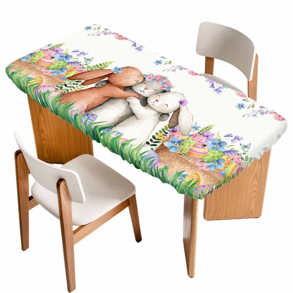 Easter Bunny Table Cloths for 5 Foot Rectangle Tables, Cute Rabbits Colorful Eggs Spring Rustic Flower Patio Waterproof Elastic Fitted Tablecloths, Washable Rectangular Table Cover for Camping