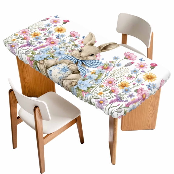 Easter Bunny Table Cloths for 5 Foot Rectangle Tables, Eggs Spring Daisy Retro Rabbits Country Plants Patio Waterproof Elastic Fitted Tablecloths, Washable Rectangular Table Cover for Camping