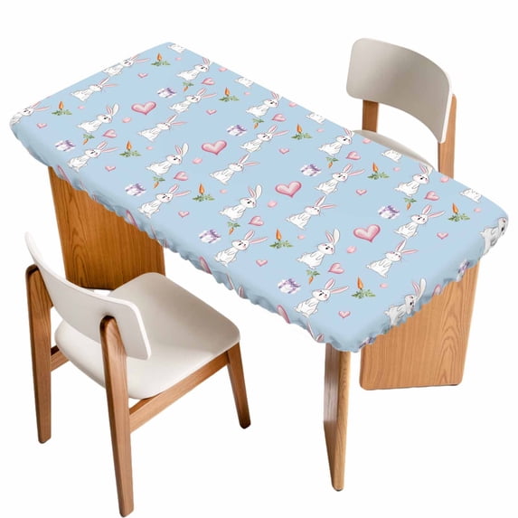 Easter Bunny Table Cloths for 5 Foot Rectangle Tables, Spring Carrots Cute Rabbit Pink Love Heart Blue Patio Waterproof Elastic Fitted Tablecloths, Washable Rectangular Table Cover for Camping