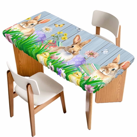 Easter Bunny Table Cloths for 5 Foot Rectangle Tables, Spring Easter Eggs Chicken Blue Wood Patio Waterproof Elastic Fitted Tablecloths, Washable Rectangular Table Cover for Camping