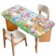 thumbnail image 1 of Easter Bunny Table Cloths for 5 Foot Rectangle Tables, Spring Easter Eggs Floral Blue Check Patio Waterproof Elastic Fitted Tablecloths, Washable Rectangular Table Cover for Camping, 1 of 8
