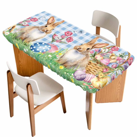 Easter Bunny Table Cloths for 5 Foot Rectangle Tables, Spring Easter Eggs Floral Blue Check Patio Waterproof Elastic Fitted Tablecloths, Washable Rectangular Table Cover for Camping