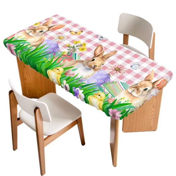 Easter Bunny Table Cloths for 5 Foot Rectangle Tables, Spring Easter Eggs Floral Pink Plaid Patio Waterproof Elastic Fitted Tablecloths, Washable Rectangular Table Cover for Camping