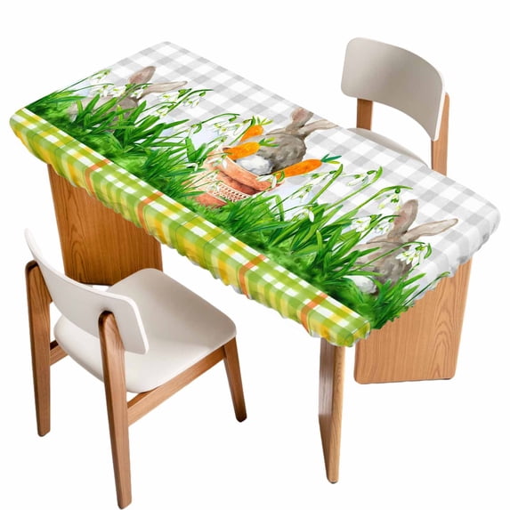 Easter Bunny Table Cloths for 5 Foot Rectangle Tables, Spring Garden Floral Botanical Gray Plaid Patio Waterproof Elastic Fitted Tablecloths, Washable Rectangular Table Cover for Camping
