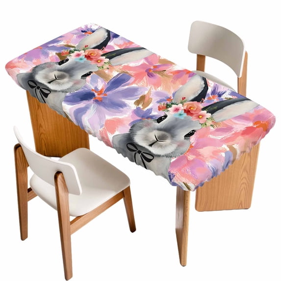 Easter Bunny Table Cloths for 5 Foot Rectangle Tables, Spring Pink Flowers Rabbit Pastoral Botanical Patio Waterproof Elastic Fitted Tablecloths, Washable Rectangular Table Cover for Camping