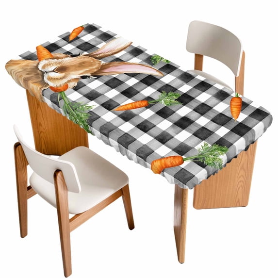 Easter Bunny Table Cloths for 5 Foot Rectangle Tables, Spring Rabbits Carrots Black Buffalo Plaid Patio Waterproof Elastic Fitted Tablecloths, Washable Rectangular Table Cover for Camping