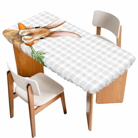 Easter Bunny Table Cloths for 5 Foot Rectangle Tables, Spring Rabbits Carrots Gray Buffalo Plaid Patio Waterproof Elastic Fitted Tablecloths, Washable Rectangular Table Cover for Camping