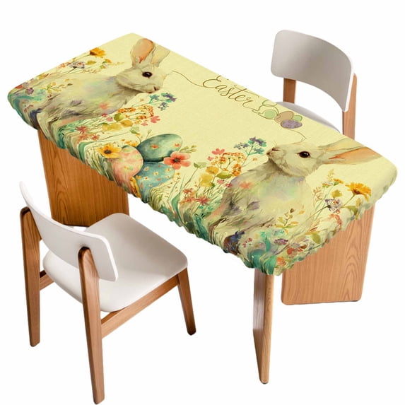 Easter Bunny Table Cloths for 5 Foot Rectangle Tables, Yellow Rabbit Spring Flowers Leaves Rustic Plants Patio Waterproof Elastic Fitted Tablecloths, Washable Rectangular Table Cover for Camping
