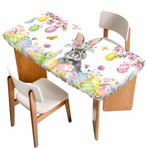 Easter Bunny Table Cloths for 6 Foot Rectangle Tables, Colorful Easter Eggs Spring Pink Peach Flowers Patio Waterproof Elastic Fitted Tablecloths, Washable Rectangular Table Cover for Camping