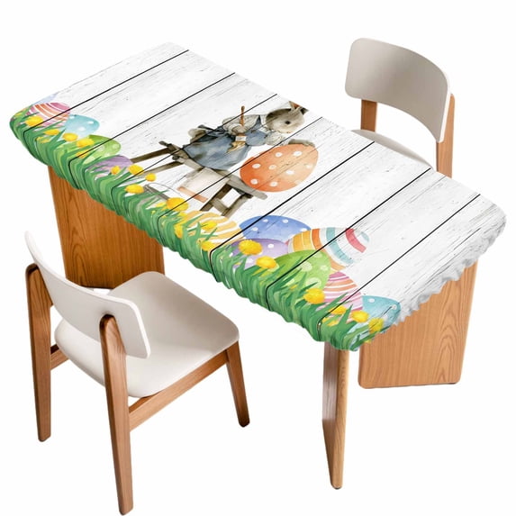 Easter Bunny Table Cloths for 6 Foot Rectangle Tables, Colorful Eggs Spring Grass Flowers Grey Wooden Patio Waterproof Elastic Fitted Tablecloths, Washable Rectangular Table Cover for Camping