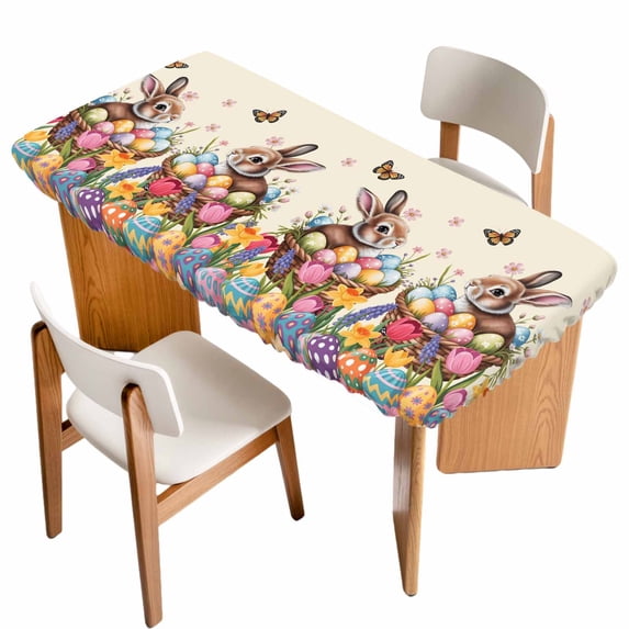 Easter Bunny Table Cloths for 6 Foot Rectangle Tables, Colorful Eggs Spring Tulips Flower Vintage Patio Waterproof Elastic Fitted Tablecloths, Washable Rectangular Table Cover for Camping