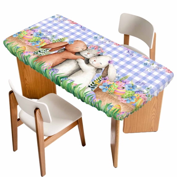 Easter Bunny Table Cloths for 6 Foot Rectangle Tables, Cute Rabbits Colorful Eggs Flower Purple Plaid Patio Waterproof Elastic Fitted Tablecloths, Washable Rectangular Table Cover for Camping
