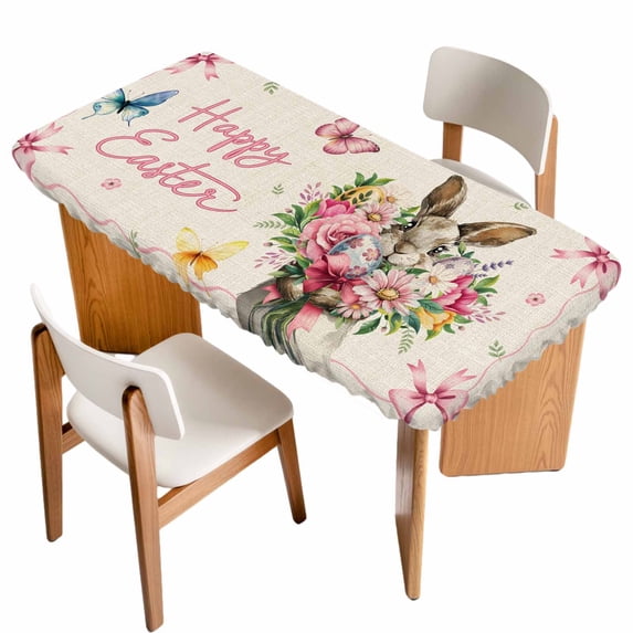 Easter Bunny Table Cloths for 6 Foot Rectangle Tables, Cute Rabbits Spring Daisy Flowers Retro Beige Patio Waterproof Elastic Fitted Tablecloths, Washable Rectangular Table Cover for Camping