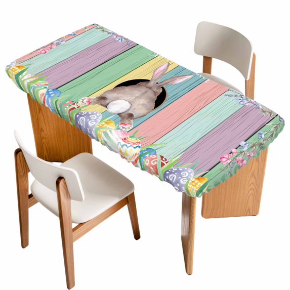 Easter Bunny Table Cloths for 6 Foot Rectangle Tables, Eggs Cute Rabbit Colorful Wooden Grain Rustic Patio Waterproof Elastic Fitted Tablecloths, Washable Rectangular Table Cover for Camping