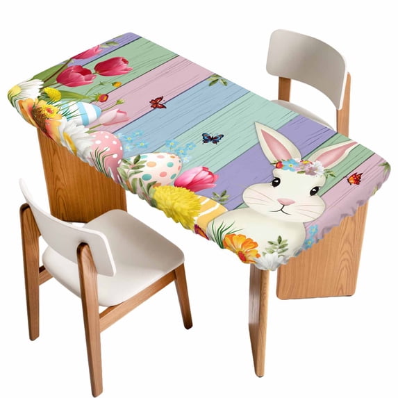 Easter Bunny Table Cloths for 6 Foot Rectangle Tables, Farmhouse Watercolor Eggs Tulip Wood Grain Patio Waterproof Elastic Fitted Tablecloths, Washable Rectangular Table Cover for Camping