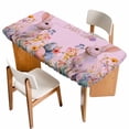 thumbnail image 1 of Easter Bunny Table Cloths for 6 Foot Rectangle Tables, Pink Rabbit Spring Flowers Leaves Rustic Plants Patio Waterproof Elastic Fitted Tablecloths, Washable Rectangular Table Cover for Camping, 1 of 8