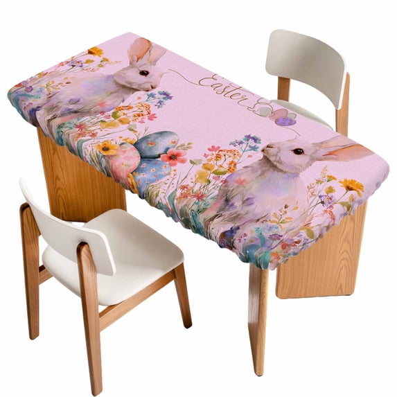 Easter Bunny Table Cloths for 6 Foot Rectangle Tables, Pink Rabbit Spring Flowers Leaves Rustic Plants Patio Waterproof Elastic Fitted Tablecloths, Washable Rectangular Table Cover for Camping