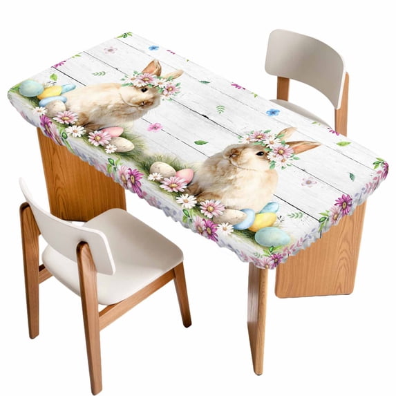Easter Bunny Table Cloths for 6 Foot Rectangle Tables, Spring Daisy Flower Colorful Eggs White Wooden Patio Waterproof Elastic Fitted Tablecloths, Washable Rectangular Table Cover for Camping