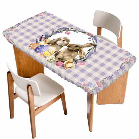 Easter Bunny Table Cloths for 6 Foot Rectangle Tables, Spring Easter Eggs Chick Floral Purple Check Patio Waterproof Elastic Fitted Tablecloths, Washable Rectangular Table Cover for Camping