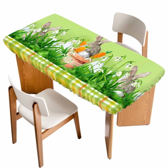 Easter Bunny Table Cloths for 6 Foot Rectangle Tables, Spring Green Garden Floral Botanical Plaid Patio Waterproof Elastic Fitted Tablecloths, Washable Rectangular Table Cover for Camping