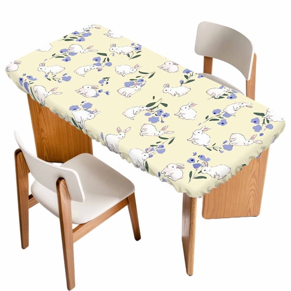 Easter Bunny Table Cloths for 6 Foot Rectangle Tables, Spring Purple Flower Rustic Rabbit Yellow Patio Waterproof Elastic Fitted Tablecloths, Washable Rectangular Table Cover for Camping