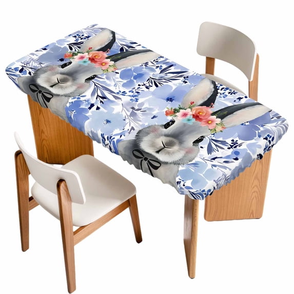 Easter Bunny Table Cloths for 6 Foot Rectangle Tables, Spring Purple Flowers Rabbit Pastoral Plants Patio Waterproof Elastic Fitted Tablecloths, Washable Rectangular Table Cover for Camping