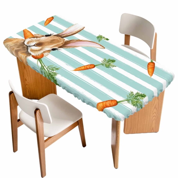 Easter Bunny Table Cloths for 6 Foot Rectangle Tables, Spring Rabbits Carrots Turquoise Stripes Patio Waterproof Elastic Fitted Tablecloths, Washable Rectangular Table Cover for Camping