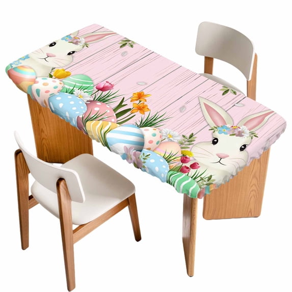 Easter Bunny Table Cloths for 6 Foot Rectangle Tables, Spring Watercolor Eggs Flower Wood Grain Pink Patio Waterproof Elastic Fitted Tablecloths, Washable Rectangular Table Cover for Camping
