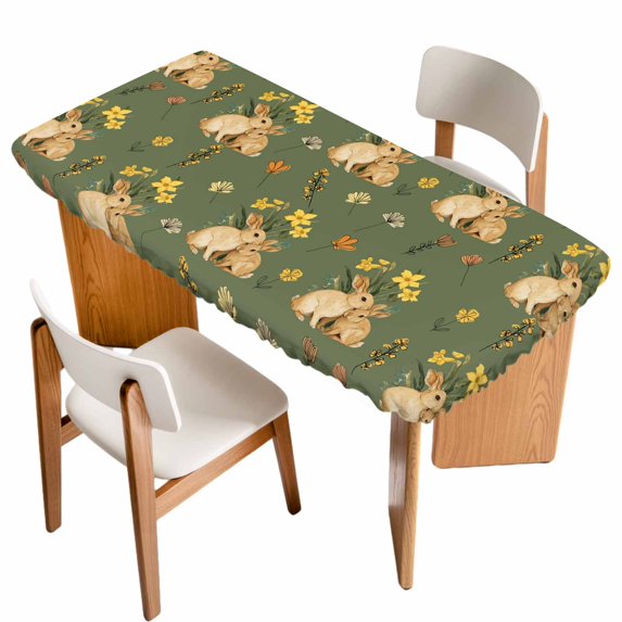Easter Bunny Table Cloths for 6 Foot Rectangle Tables, Spring Yellow Flowers Country Plants Green Patio Waterproof Elastic Fitted Tablecloths, Washable Rectangular Table Cover for Camping