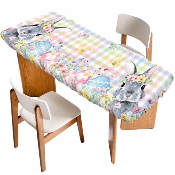 Easter Bunny Table Cloths for 8 Foot Rectangle Tables, Blue Easter Eggs Spring Floral Colorful Plaid Patio Waterproof Elastic Fitted Tablecloths, Washable Rectangular Table Cover for Camping