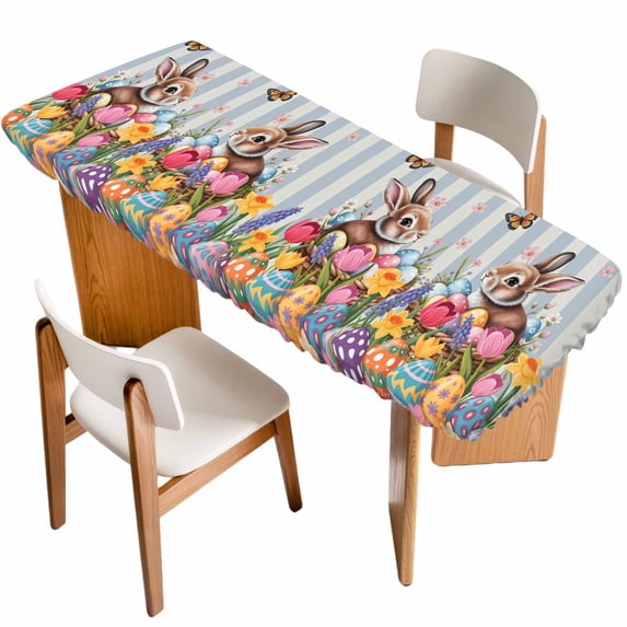 Easter Bunny Table Cloths for 8 Foot Rectangle Tables, Colorful Eggs Spring Tulips Flower Blue Stripes Patio Waterproof Elastic Fitted Tablecloths, Washable Rectangular Table Cover for Camping