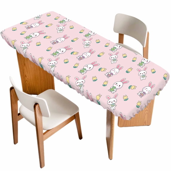 Easter Bunny Table Cloths for 8 Foot Rectangle Tables, Cute Rabbits Eggs Spring Tulips Country Pink Patio Waterproof Elastic Fitted Tablecloths, Washable Rectangular Table Cover for Camping
