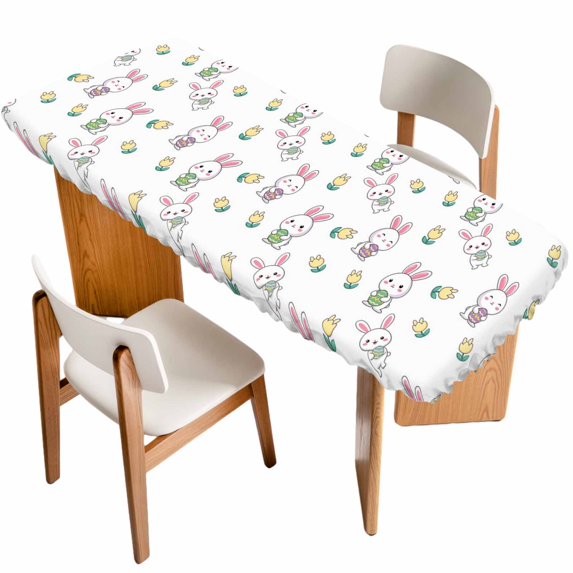 Easter Bunny Table Cloths for 8 Foot Rectangle Tables, Cute Rabbits Green Eggs Spring Tulips Patio Waterproof Elastic Fitted Tablecloths, Washable Rectangular Table Cover for Camping