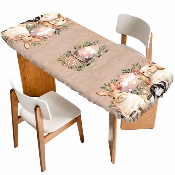 Easter Bunny Table Cloths for 8 Foot Rectangle Tables, Eggs Green Leaves Rustic Flowers Cups Vintage Patio Waterproof Elastic Fitted Tablecloths, Washable Rectangular Table Cover for Camping