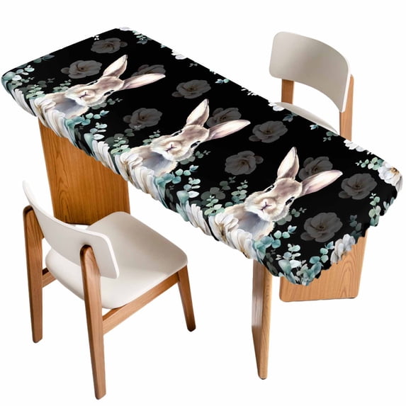 Easter Bunny Table Cloths for 8 Foot Rectangle Tables, Eucalyptus Leaves Rabbit Flowers Black Patio Waterproof Elastic Fitted Tablecloths, Washable Rectangular Table Cover for Camping