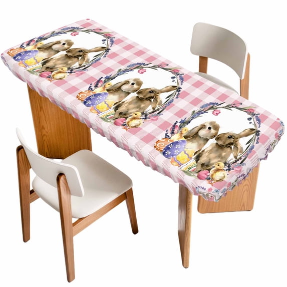 Easter Bunny Table Cloths for 8 Foot Rectangle Tables, Spring Easter Eggs Chick Floral Pink Check Patio Waterproof Elastic Fitted Tablecloths, Washable Rectangular Table Cover for Camping
