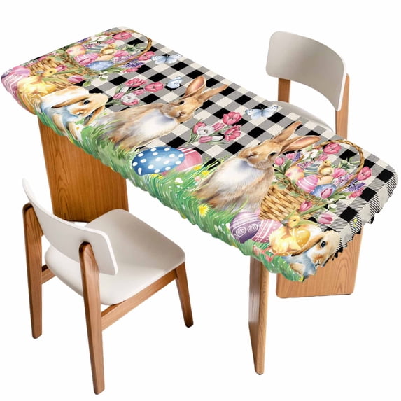 Easter Bunny Table Cloths for 8 Foot Rectangle Tables, Spring Easter Eggs Floral Black White Check Patio Waterproof Elastic Fitted Tablecloths, Washable Rectangular Table Cover for Camping
