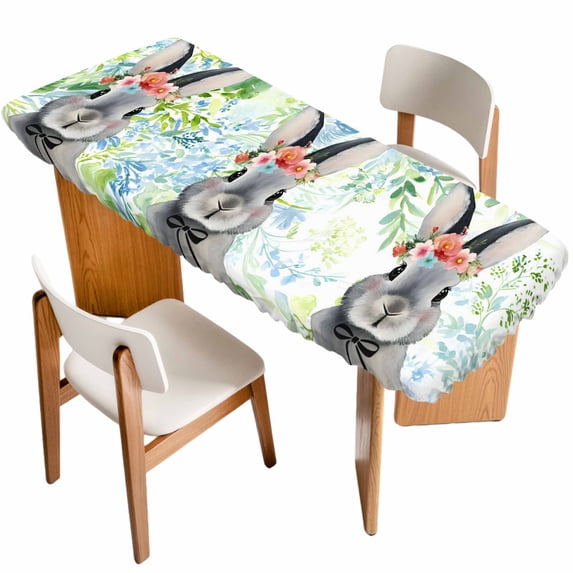 Easter Bunny Table Cloths for 8 Foot Rectangle Tables, Spring Flowers Green Leaves Pastoral Plants Patio Waterproof Elastic Fitted Tablecloths, Washable Rectangular Table Cover for Camping