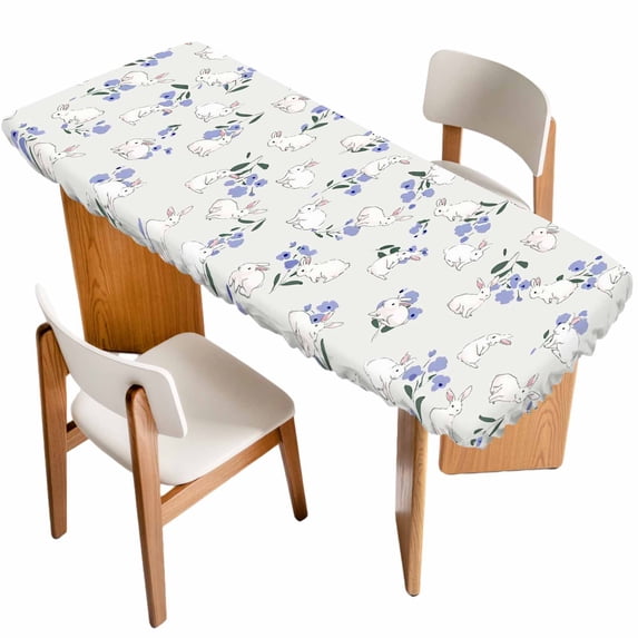 Easter Bunny Table Cloths for 8 Foot Rectangle Tables, Spring Purple Flower Rustic Rabbit Farmhouse Patio Waterproof Elastic Fitted Tablecloths, Washable Rectangular Table Cover for Camping