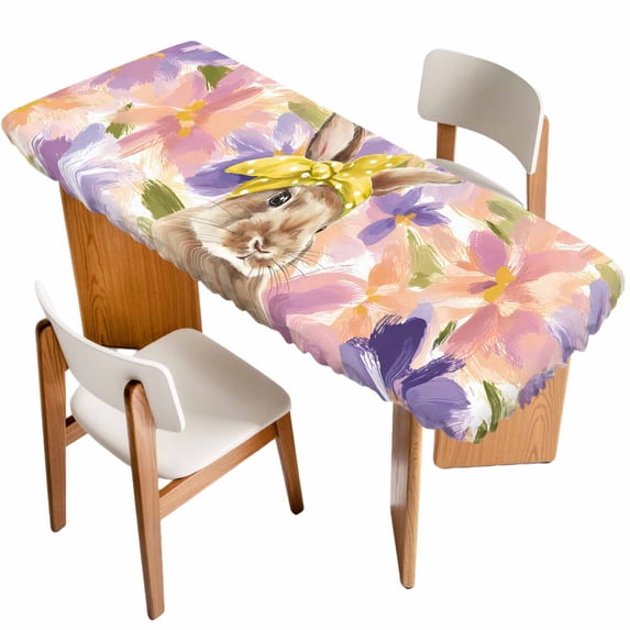 Easter Bunny Table Cloths for 8 Foot Rectangle Tables, Spring Purple Flowers Scarf Rabbit Pastoral Patio Waterproof Elastic Fitted Tablecloths, Washable Rectangular Table Cover for Camping