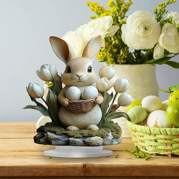 Easter Bunny Table Decor Acrylic Sign - Floral Rabbit with Eggs Tabletop Centerpiece,Cute Easter Bunny Figurine for Home Kitchen Dining Room Party Decorations,Acrylic Table Topper Ornament