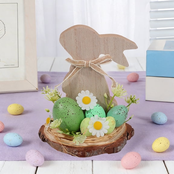 Easter Bunny Table Decorations 5.5 inch Round Wooden Plaque with Pastel Easter Eggs and Daisies Rustic Rabbit Silhouette Sign Desktop Ornament for Farmhouse Home Party Decor