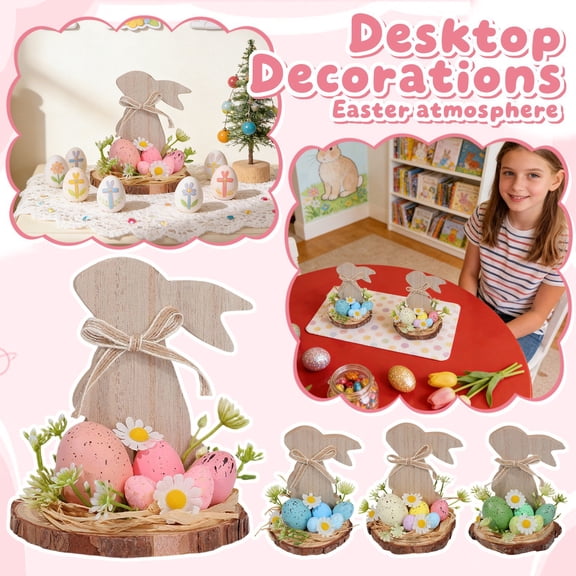Easter Bunny Table Decorations, 5.9Inch Round Wooden Plaque With Easter Eggs, Daisies, Rustic Rabbit Silhouette, Hand-Finished Spring Details, All-Wooden Craftsmanship, For Home